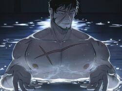 bara bears black_hair chainsaw_man facial_hair gay i'll_teach_you_everything_(chainsaw_man) male_oc male_only meme meme_reference mutton_chops naked night oc original original_character original_characters plateforrat pool reference reze_in_the_pool_(meme) scar scarred_torso scars scene_reference sideburns swimming_pool trend water yaoi