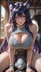 1futa 2026 ai_generated balls bare_shoulders bare_thighs breasts bulge bulge_through_clothing cleavage cleavage_cutout cock dark_hair day delta_(the_eminence_in_shadow) dyzertai futanari huge_breasts indoors long_hair looking_at_viewer penis purple_eyes purple_hair self_upload solo sweater testicles the_eminence_in_shadow virgin_killer_sweater wolf_ears wolf_girl wolf_tail