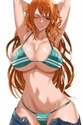 1girls alternate_version_available arms_behind_head big_breasts bikini bikini_bottom bikini_top blue_pants bottomwear breasts cleavage female female_only green_bikini hair hips huge_breasts kawa_batayoshi long_hair nami_(one_piece) one_eye_closed one_piece open_pants orange-haired_female orange_eyes orange_hair pants pants_down smile solo solo_female swimwear tongue tongue_out topwear unbuttoned unbuttoned_pants wet wet_body white_background wink winking