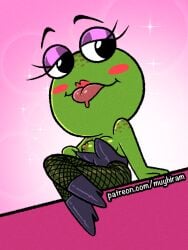 blush breast_slip breasts crossed_legs eyelashes eyeshadow frog high_heels legs_crossed lingerie muyhiram sitting stockings tongue_out