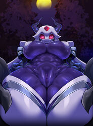 1girls absurdres android breasts clitoris eyes eyes_open facial_mark forehead_jewel full_moon high_resolution highres horns hybrid looking_at_viewer looking_down night orca_(pochincoff) original original_character outdoors pochincoff purple_breasts purple_pussy pussy pussy_focus red_eyes robot robot_girl smile tits uncensored underboob viewed_from_below white_hair