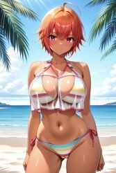 1girl ahoge ai-created ai_generated ane_to_osananajimi_wa_naka_ga_ii! arms_at_sides ass_visible_through_thighs bare_shoulders beach bikini blue_sky blush breasts cameltoe cleavage closed_mouth cloud collarbone cowboy_shot crossed_bangs dark-skinned_female dark_skin day female hair_between_eyes large_breasts looking_at_viewer multicolored_bikini multicolored_clothes navel ocean orange_hair outdoors palm_tree pixiv red_eyes rena_aikawa_(pixiv_user) see-through short_hair side-tie_bikini_bottom sky smile solo stable_diffusion standing stomach striped_bikini striped_clothes swimsuit takahashi_mitsuki tan thighs tree water