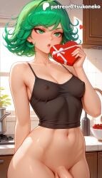 1boy 1futa 2026 ai_assisted ai_generated anime artist_name box breasts bust chocolate covered_nipples explicit futanari gift gift_box green_eyes green_hair hi_res high_quality high_resolution highres indoors kitchen one-punch_man patreon patreon_username penis stable_diffusion tatsumaki tsukoneko valentine valentine's_day watermark