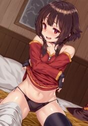 1girls ai_generated bed belly black_panties brown_hair confident_female confident_smile female female_focus kono_subarashii_sekai_ni_shukufuku_wo! lifting_own_clothes megumin petite petite_body pixai pixiv provocative red_eyes sexy shiokonbu shiokonbu_art_style teenager