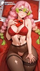 1girls 2026 ai_assisted ai_generated anime artist_name bed_sheet bra braid breasts bust chocolate demon_slayer explicit falling_petals flower gift gradient_hair green_hair heart-shaped_chocolate hi_res high_quality high_resolution highres kanroji_mitsuri kimetsu_no_yaiba laying_down long_hair looking_at_viewer lying lying_on_back mitsuri_kanroji mole mole_under_eye multicolored_hair on_back pantyhose patreon patreon_username petals pillow pink_hair red_flower red_rose rose rose_petals skypassion stable_diffusion torn_clothes torn_legwear valentine's_day watermark