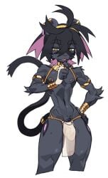 2026 abs accessory anthro armor athletic athletic_male bottomwear bracers bulge clothing collar detailed_bulge felid feline grey_body harness headband hi_res kieran_(pokemon) loincloth looking_at_viewer male mammal nipples simple_background skimpy_bottomwear solo standing telson thong translucent translucent_bottomwear translucent_clothing underwear white_background white_clothing white_thong white_underwear yellow_eyes