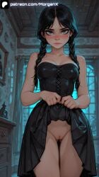 ai_generated black_hair blush closed_mouth clothes_pull dress_lift dress_pull female goth_girl lips looking_at_viewer medium_breasts morganx pussy standing the_addams_family vagina wednesday_addams