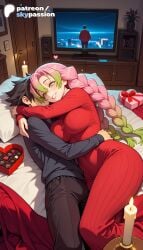 1boy 1girls 2026 ai_assisted ai_generated anime artist_name box braid breasts bust chocolate demon_slayer explicit gift gift_box gradient_hair green_eyes green_hair heart-shaped_chocolate hi_res high_quality high_resolution highres kanroji_mitsuri kimetsu_no_yaiba mitsuri_kanroji mole mole_under_eye multicolored_hair patreon patreon_username pink_hair romantic romantic_couple skypassion stable_diffusion valentine valentine's_day watermark