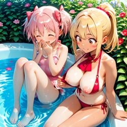 2girls ai_generated blonde_female blonde_hair blush blush_stickers breasts breasts_out brown_eyes closed_eyes curvy fang_out flowers goombella hot_tub large_breasts laugh madoka_kaname mario_(series) nintendo one_piece_swimsuit open_mouth outside paper_mario paper_mario:_the_thousand-year_door pink_bow pink_hair pink_hair_female pink_swimsuit puella_magi_madoka_magica red_ascot red_bikini slim_waist small_breasts surprised tanline thick_ass thick_thighs two_piece_swimsuit wardrobe_malfunction water white_skin yuri