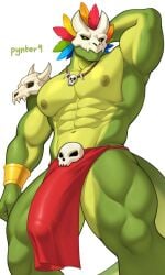 2026 abs anthro artist_name biceps bone bone_mask bottomwear bracelet bulge clothed clothing detailed_bulge digital_media_(artwork) feathered_headdress front_view green_body hand_behind_head hi_res jewelry lihzahrd lizard loincloth looking_at_viewer male mask muscular muscular_anthro muscular_arms muscular_male muscular_thighs navel necklace nipples obliques pecs portrait pynter9 reptile scalie serious serratus simple_background skull skull_accessory skull_mask skull_necklace solo terraria text three-quarter_portrait topless topless_anthro topless_male tribal tribal_clothing white_background witch_doctor_(terraria) yellow_eyes