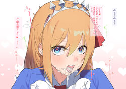 after_fellatio blue_eyes blush cum cum_in_mouth cum_on_tongue dorontabi female gloves hair_between_eyes hair_ribbon heart heart_in_eye highres long_hair looking_at_viewer open_mouth orange_hair pecorine princess_connect! princess_connect!_re:dive red_neckwear red_ribbon ribbon solo symbol_in_eye tiara translation_request white_gloves