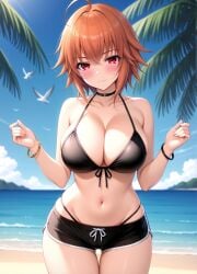 1girl ahoge ai-created ai_generated ane_to_osananajimi_wa_naka_ga_ii! bare_arms bare_shoulders beach bikini bird black_bikini black_choker black_shorts blue_sky blush bracelet breasts choker cleavage closed_mouth cloud collarbone cowboy_shot day dolphin_shorts female front-tie_bikini_top front-tie_top halterneck hands_up highleg highleg_bikini jewelry large_breasts looking_at_viewer micro_shorts navel ocean orange_hair outdoors palm_leaf palm_tree pixiv red_eyes rena_aikawa_(pixiv_user) short_hair short_shorts shorts sky smile solo stable_diffusion standing stomach string_bikini swimsuit takahashi_mitsuki thigh_gap thighs tree water