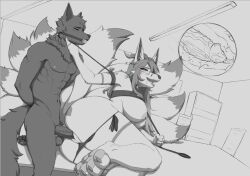 abram_(flibyooo) anthro ass black_body black_fur breasts canid canine canis dominant dominant_female duo eyewear female fox from_behind_position fur gag gallar_(nnecgrau) genitals glasses hi_res leash male male/female mammal monochrome multi_tail nipples nnecgrau nude pawpads paws penetration penis rear_view red_eyes rough_sex sex simple_background tail vaginal_penetration wearing_glasses white_body white_fur wolf x-ray_view