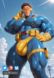 ai_generated big_pecs bodysuit bulge bulge_through_clothing bulge_under_clothes covered_nipples cyclops_(x-men) gayafgramsci large_pectorals male male_focus male_only marvel marvel_comics scott_summers skin_tight skintight solo solo_focus superhero thick_thighs x-men