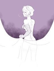 body_markings completely_nude covering_breasts covering_self female_only hair_between_eyes jbk1324 looking_at_viewer looking_back made_in_abyss monochrome nude ozen short_hair sketch smile solo two-tone_hair