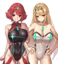 2girls blonde-haired_female blonde_female blonde_hair breasts exposed_breasts female female_only hksicabb long_hair mythra mythra_(radiant_beach)_(xenoblade) pyra pyra_(pro_swimmer)_(xenoblade) red_eyes red_hair red_swimsuit short_hair swimsuit white_swimsuit xenoblade_(series) xenoblade_chronicles_2 yellow_eyes