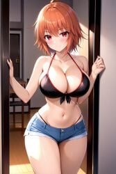 1girl ahoge ai-created ai_generated ane_to_osananajimi_wa_naka_ga_ii! bare_arms bare_shoulders bikini black_bikini blue_shorts blush breasts brown_hair cleavage closed_mouth collarbone cowboy_shot cutoffs denim denim_shorts female front-tie_bikini_top front-tie_top halterneck hands_up highleg highleg_bikini indoors large_breasts looking_at_viewer micro_shorts navel orange_hair pixiv red_eyes red_trim rena_aikawa_(pixiv_user) short_hair short_shorts shorts smile solo stable_diffusion standing stomach string_bikini swimsuit takahashi_mitsuki thighs wooden_floor