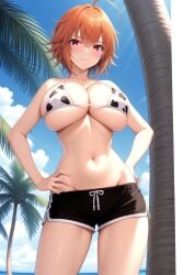 1girl ahoge ai-created ai_generated ane_to_osananajimi_wa_naka_ga_ii! animal_print bare_arms bare_shoulders beach bikini bikini_shorts bikini_top_only black_shorts blue_sky blush breasts brown_hair cleavage closed_mouth cloud collarbone cow_print cow_print_bikini cowboy_shot day dolphin_shorts female groin hair_between_eyes hands_on_own_hips large_breasts looking_at_viewer navel ocean orange_hair outdoors palm_tree pixiv print_bikini red_eyes rena_aikawa_(pixiv_user) short_hair short_shorts shorts sky smile solo stable_diffusion standing stomach swimsuit takahashi_mitsuki thighs tree underboob white_bikini