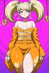 1girls abstract_background ai_generated bangs bare_shoulders blonde_hair danganronpa danganronpa_2:_goodbye_despair dizzy eyes_half_open hypnosis kimono mind_control saionji_hiyoko seaart.ai sleepy solo thick_thighs tired twintails wide_hips