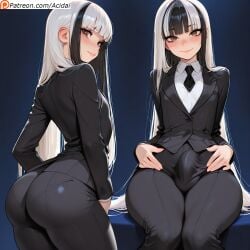 acidai ai_generated bangs big_ass black_hair blunt_bangs blush boner_in_pants brown_eyes bulge_through_clothing cute dyed_hair femboy feminization feminized flustered long_hair nipples_visible_through_clothing public_exposure smirk thick_ass thick_thighs white_hair