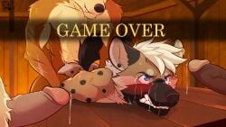 absurd_res anal anal_sex anthro anthro_on_anthro ass bodily_fluids clenched_teeth cum cum_on_face dripping forced furniture game_over gameplay_mechanics gay gay_male genital_fluids group hi_res hyena male male/male mammal penetration precum precum_drip seru sex spotted_hyena table tears teeth ventkazemaru yaoi