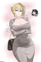 2girls arms_crossed arms_under_breasts artzyzen astra_yao belly_button belly_button_visible_through_clothing blonde_hair child_bearing_hips cleavage cleavage_overflow curves curvy curvy_female cute cute_face dongtan_dress dress evelyn_chevalier grey_dress hair_up hips hips_wider_than_shoulders hourglass_figure laizent_art not pretty_dress purple_eyes sexy sexy_body thumbs_up voluptuous_female wide_hips wide_thighs zenless_zone_zero