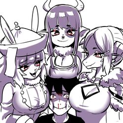 1boy 3girls artist_request bangs bare_shoulders black_hair blush bovine breast_press breasts breasts_on_head character_request cleavage copyright_request cow_ears furry hat headgear heart-shaped_pupils horns human lagomorph large_breasts mischievous monochrome neck_tuft nose_piercing nosebleed open_mouth pointy_ears rabbit_teeth red_eyes reptile scales smile teeth tongue tongue_out tuft twintails white_background