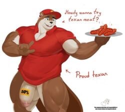 anthro bara beaver biceps big_balls big_biceps big_cock big_penis bottomless brown_fur buc-ee buc-ee's furry gay green_eyes hat male_only muscular muscular_thighs pecs penis red_shirt sale sausage shirt smile smiling sticker sticker_on_body texan text thick_eyebrows thick_penis thisishomo white_fur