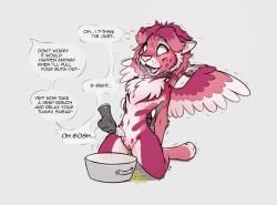 anthro bodily_fluids bowl container dialogue digital_media_(artwork) disembodied_hand domestic_cat english_text fear_peeing feathered_wings feathers feet felid feline felis female female_peeing fingers fur genital_fluids genitals hair hi_res holding_knife holding_object holding_weapon hybrid imminent_death imminent_gore imminent_snuff knife mammal navel nude offscreen_character open_mouth peeing scared simple_background slowderpyguy smile solo speech_bubble sweat sweatdrop tail teeth text toes urine urine_pool vulva weapon wings