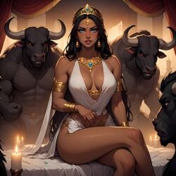 ai_generated black_hair buffalo_minotaur cold_stare curves curvy_figure dark_skin dark_umber_skin dignity_loss draupadi edginggoblin firm_breasts flowing_hair full_breasts hindu_mythology hinduism indian indian_clothes indian_female indian_jewelry long_hair loose_hair mahabharata minotaur oc original_character queen royal royal_bedroom royal_jewelry royalty soon_to_be_raped steel_blue_eyes voluptuous voluptuous_female wavy_hair