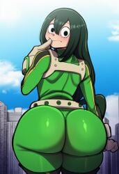 1girls ai ai_generated ass_focus back_view behind_view big_ass big_butt bubble_ass bubble_butt bwl_(style) female female_focus female_only looking_at_viewer my_hero_academia novelai solo thick_thighs tsuyu_asui