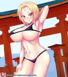 1girls arm_behind_head arm_up big_breasts bikini blonde_hair blush breasts brown_eyes cleavage female_only huge_breasts mature_female micro_bikini midriff naruto naruto_(series) naruto_shippuden posing shiny_skin smile tsunade underboob unholysoul