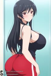 1female 1girls 2026 ai_generated artist_name ass bangs bare_shoulders big_ass big_breasts black_hair blush breasts closed_mouth curvy female hajimete_no_gal hi_res high_quality high_resolution highres huge_ass huge_breasts kashii_yui large_breasts long_hair looking_at_viewer looking_back pants patreon patreon_username red_eyes red_pants sideboob solo sweat tank_top unjobdespiert watermark