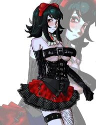 1girls absurdres ascot bare_shoulders belt belt_bra black_belt black_gloves black_hair black_leotard black_trim breasts closed_mouth commentary detached_collar elbow_gloves fanloid female gloves goggles goggles_on_head highres hikikogumimori large_breasts leather leather_gloves leotard looking_at_viewer medium_hair polka_dot_trim red-framed_eyewear red-tinted_eyewear red_eyes red_skirt sidelocks single_fishnet_legwear skirt solo thigh_strap tinted_eyewear underboob vocaloid white_ascot white_background zoom_layer zumi_(fanloid)