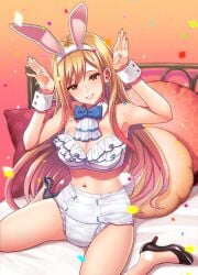 1girls animal_ears ascot blonde_hair bow bowtie bra confetti diaper earrings high_heels highres jewelry kitagawa_marin lingerie nanakichi no_pants on_bed playboy_bunny rabbit_ears rabbit_tail red_eyes sono_bisque_doll_wa_koi_wo_suru spread_legs tail underwear white_bra white_diaper