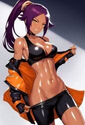 ai_generated athletic_body black_bodysuit bleach bodysuit_under_clothes cleavage dark_skin female high_res layai_(artist) looking_at_viewer oiled_skin orange_jacket ponytail purple_hair seductive_smile shiny_skin solo soul_society sweat yoruichi_shihoin