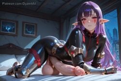 1futa 2026 ai_generated armor balls bed bedroom blush breasts cock demon_girl dyzertai esil_radiru futanari huge_balls huge_cock huge_testicles indoors long_hair looking_at_viewer medium_breasts night penis pointy_ears purple_hair red_eyes self_upload solo solo_leveling suit testicles tight_clothing