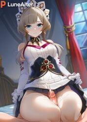 1boy 1girls ai_generated bedroom big_breasts big_butt big_penis big_thighs blonde_female blonde_hair blue_eyes blush cum cum_on_body exposed_penis female female_focus genshin_impact hoyoverse laying_on_bed lunealter male mihoyo night no_penetration pov_male sandrone_(genshin_impact) sex shy sitting_on_bed skirt_up thick_hips thick_legs thick_thighs thigh_sex thighs_together