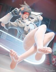 1girls 2026 3d 3d_(artwork) ;) barefoot blender blizzard_entertainment british british_female brown_hair feet female female_focus female_only half-dressed half_naked hi_res high_quality high_resolution highres lena_oxton lewdrex light-skinned_female light_skin one_eye_closed overwatch overwatch_2 pose posing showing_off smile smiling tracer tracer_(overwatch_2_suit) watermark wink winking winking_at_viewer