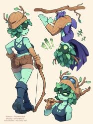 2d 2d_(artwork) 2d_artwork adventure_time ass bow_(weapon) brown_pants female green_body green_hair green_skin huntress_wizard looking_at_viewer looking_back looking_back_at_viewer rear_view shirt shoes solo stick the_other_half tree