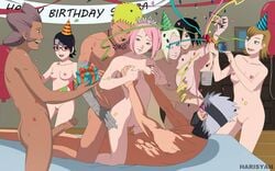 4boys 4girls age_difference balloon birthday blonde_hair boruto:_naruto_next_generations breast_grab breasts doggy_style double_penetration family father_and_daughter harem harisyah haruno_kizashi haruno_mebuki hatake_kakashi husband_and_wife ino_yamanaka mother_and_daughter naruto orgy party party_hat pink_hair present sakura_haruno sarada_uchiha sasuke_uchiha selfie short_hair swingers teacher_and_student uzumaki_naruto