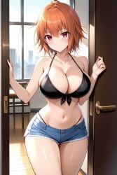 1girl ahoge ai-created ai_generated ane_to_osananajimi_wa_naka_ga_ii! bare_arms bare_shoulders bikini black_bikini blue_shorts blush breasts brown_hair cleavage closed_mouth collarbone cowboy_shot cutoffs denim denim_shorts female front-tie_bikini_top front-tie_top halterneck hands_up highleg highleg_bikini indoors large_breasts looking_at_viewer micro_shorts navel orange_hair pixiv red_eyes rena_aikawa_(pixiv_user) short_hair short_shorts shorts smile solo stable_diffusion standing stomach string_bikini swimsuit takahashi_mitsuki thighs window wooden_floor