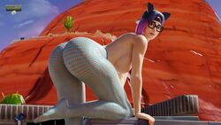 1girls 3d areolae arneb ass bent_over big_ass blue_sky breasts dyed_hair female female_only fishnet_stockings fishnets fortnite fortnite:_battle_royale glasses green_eyes hat large_ass large_breasts leaning_forward looking_at_viewer lynx_(fortnite) nipples pink_hair short_hair solo thick_thighs topless wotm8h8