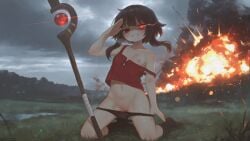 absurdres ai-assisted artist_name bare_shoulders black_panties black_socks blurry breasts cleft_of_venus clothes_pull cloud cloudy_sky depth_of_field explosion eye_trail female fog glowing glowing_eye grass grin half-closed_eyes highres kneeling kono_subarashii_sekai_ni_shukufuku_wo! light_trail mage_staff megumin navel nipples off_shoulder one_breast_out outdoors panties panty_pull patreon_username petite pulling_own_clothes pussy red_eyes salute scenery shaded_face sky small_breasts smile socks solo staff steam strap_slip tank_top teeth twitter_username underwear undressing watashinogovno wet wind