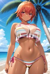 1girl ahoge ai-created ai_generated ane_to_osananajimi_wa_naka_ga_ii! bare_shoulders beach bikini blue_sky blush breasts cameltoe cleavage closed_mouth cloud collarbone cowboy_shot crossed_bangs dark-skinned_female dark_skin day female hair_between_eyes large_breasts looking_at_viewer multicolored_bikini multicolored_clothes navel ocean orange_hair outdoors palm_tree pixiv red_eyes rena_aikawa_(pixiv_user) see-through short_hair side-tie_bikini_bottom skindentation sky smile solo stable_diffusion standing stomach striped_bikini striped_clothes swimsuit takahashi_mitsuki tan thighs tree water