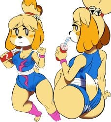 2018 absurd_res animal_crossing anthro ass bell bell_collar beverage big_butt bodily_fluids breasts butt_from_the_front camel_toe canid canine canis clothed clothed_anthro clothed_female clothing collar colored domestic_dog drinking_straw drinking_straw_in_mouth eyebrow_through_hair eyebrows female fingers fur furgonomics genital_outline genitals hair hi_res holding_beverage holding_object humanoid_hands isabelle_(animal_crossing) isolatedartest leotard looking_aside looking_at_viewer mammal markings medium_breasts multiple_poses neutral_expression nintendo orange_body orange_fur pose raised_eyebrow shaded shadow shih_tzu side_eye simple_background sitting solo spots spotted_markings standing sweat sweaty_armpit sweaty_breasts sweaty_genitalia sweaty_vulva tail toy_dog translucent translucent_hair vulva vulva_outline white_background white_body white_fur workout_clothing wristband yellow_body yellow_fur