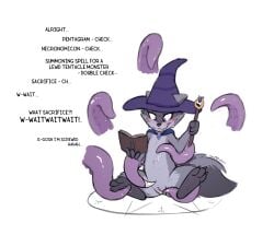 anthro blush bodily_fluids book cape clitoral_hood clothing dialogue digital_media_(artwork) english_text fangs feet female fingers fur genital_fluids genitals hat headgear headwear holding_book holding_object imminent_death imminent_gore imminent_snuff leaking magic_user mammal nude occult_symbol pentagram procyonid pussy_juice_leaking raccoon simple_background slowderpyguy solo spread_legs spreading summoning_circle sweat sweatdrop symbol tail teeth tentacle text toes vaginal_fluid_string vaginal_fluids vaginal_penetration vulva witch witch_hat