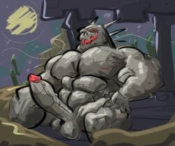 barazoku big_penis genitals hi_res looking_at_viewer machine male muscular night nude penis presenting red_eyes robot skeletron_prime_(terraria) smile solo spikes terraria wetyuip