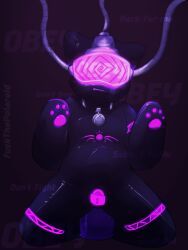anal anal_sex anthro bent_legs black_body black_latex bulge clothing collar dildo dildo_in_ass dildo_insertion drone dronesuit english_text hi_res hypnotic_visor latex latex_clothing latex_skinsuit lock_symbol male mind_control object_in_ass pawpads penetration purple_dildo purple_pawpads purple_tattoo sex_toy sex_toy_in_ass sex_toy_insertion simple_background skinsuit solo stomach_bulge tattoo text tight_clothing yasterwolly