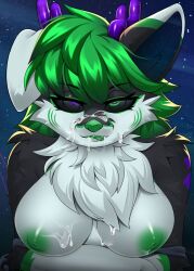 anthro black_body black_fur bodily_fluids breasts canid canine canis clothing cum cum_drip cum_in_mouth cum_inside cum_on_face cumshot deer domestic_dog dripping ejaculation female fluffy fox fur genital_fluids green_eyes green_hair green_tongue hair hi_res horn hybrid mammal moonfluffmf nipples purple_eyes solo space tongue undressing white_body white_fur